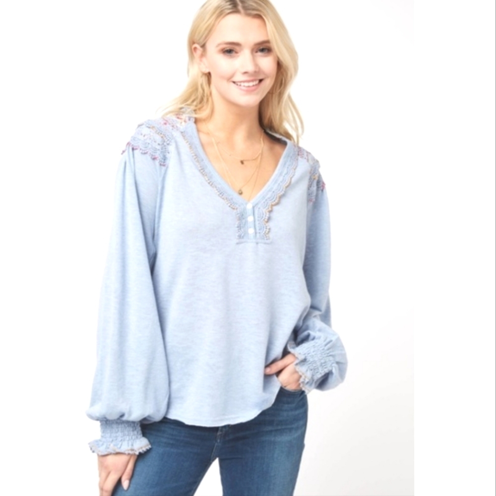 Free People Light Blue Long Sleeve V-Neck Blouse with Lace Trim